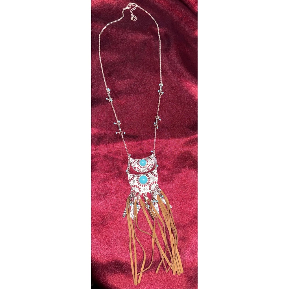 Boho‎ Silver Turquoise Fringe Tassel Statement Necklace Western Festival Style